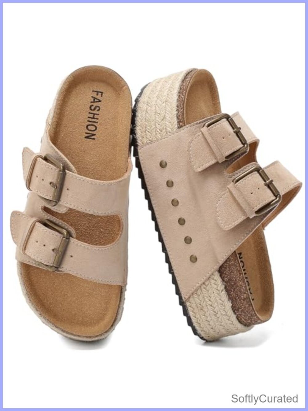 Women's Platform Sandals Cork Footbed Double Buckle Slides